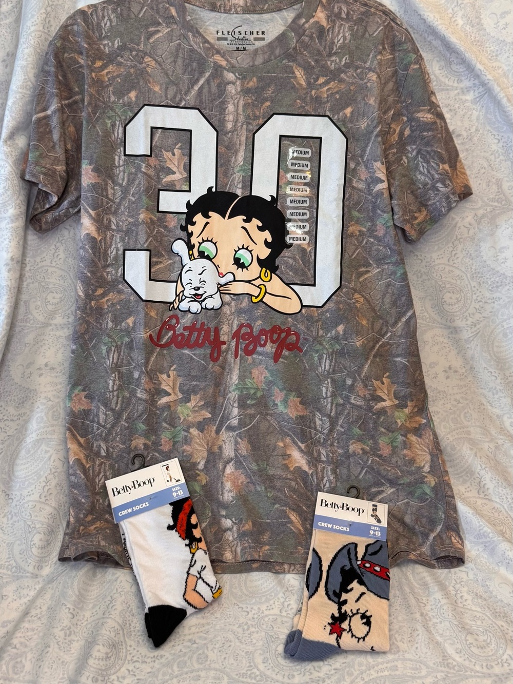 Betty Boop Gray Camo Tee with 30 Graphic and Betty Boop Art and 2 pair socks